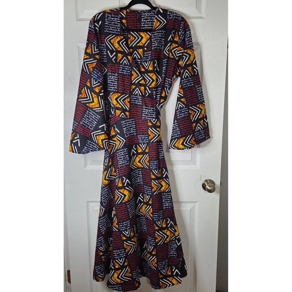 Look At Me Tribal Geometric Print Wrap Maxi Dress Bell Sleeve One Size Boho